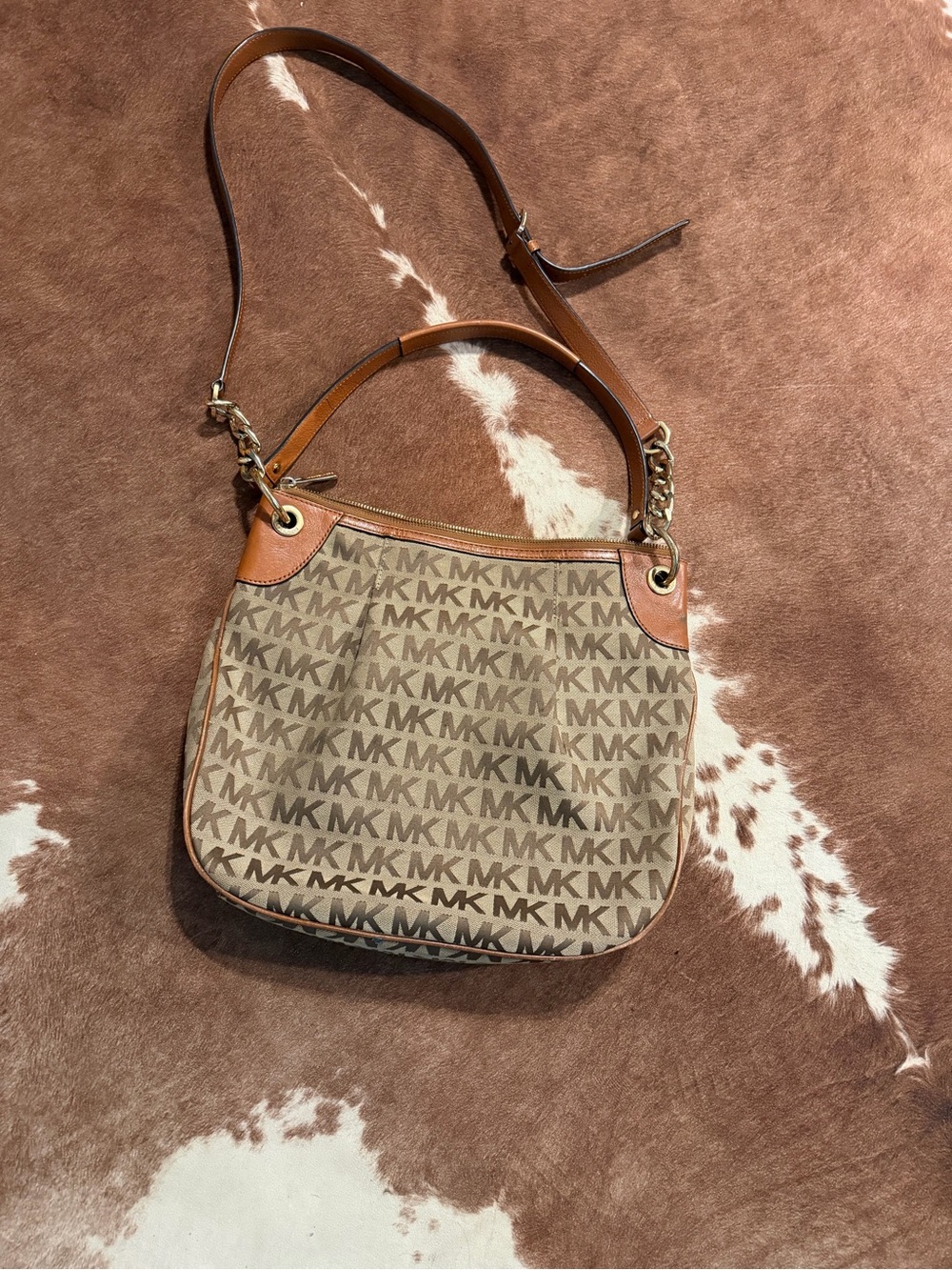 Michael Kors Brown & Beige MK Logo Shoulder Bag